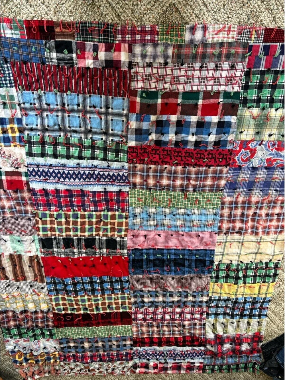 Vintage Hand Tied Scrap Patchwork Quilt 80x60 Feedsack Plaid Folk Art Reversible